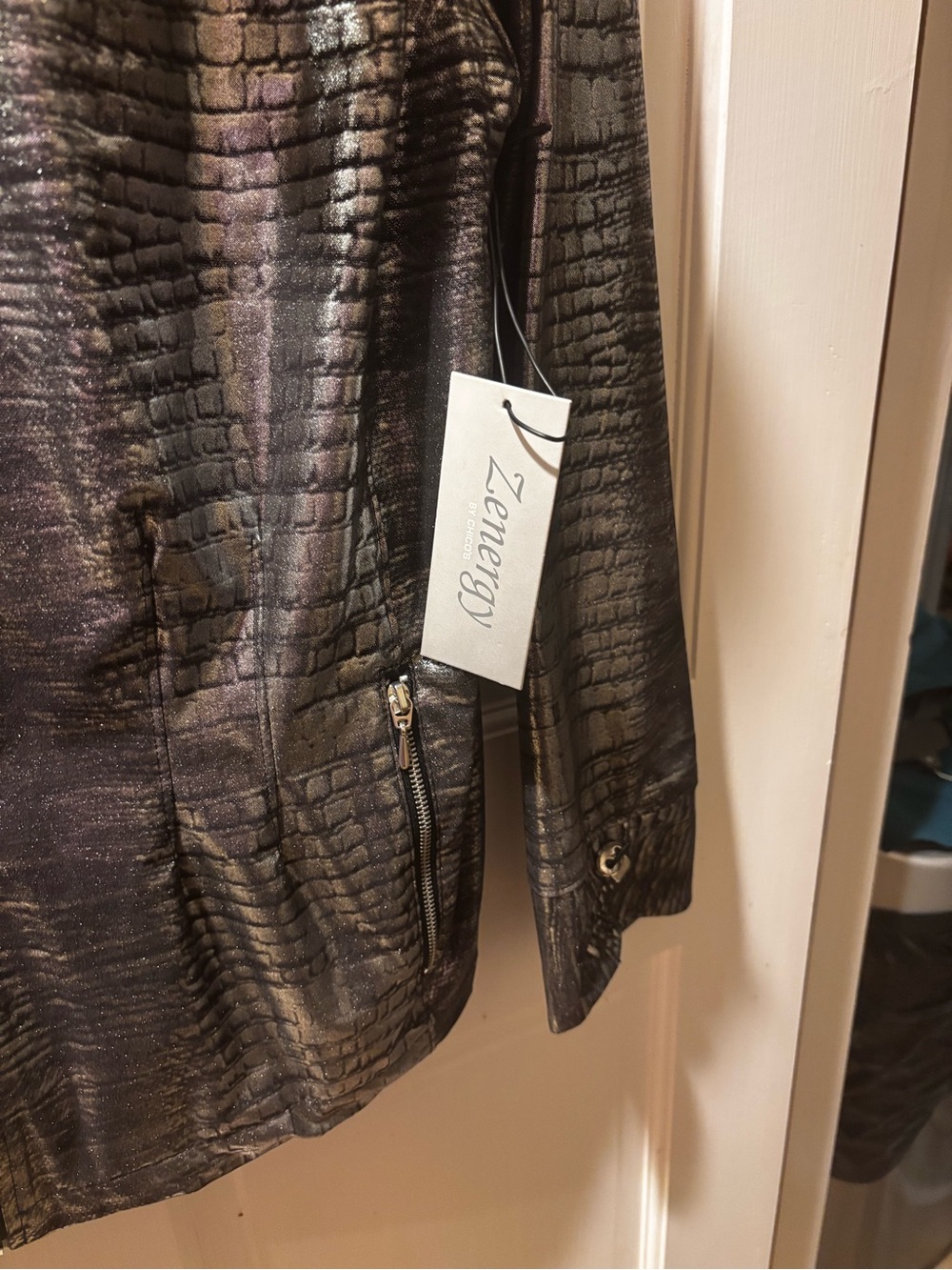 Chico's Metallic Croc-Embossed Jacket - Black with Bronze Sheen